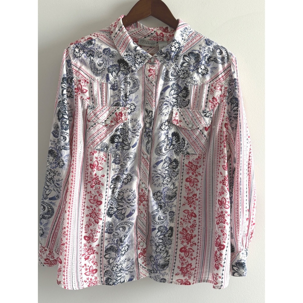 Catherines‎ Urban Pipeline Western Snap Shirt 1X Red White Blue Paisley Floral